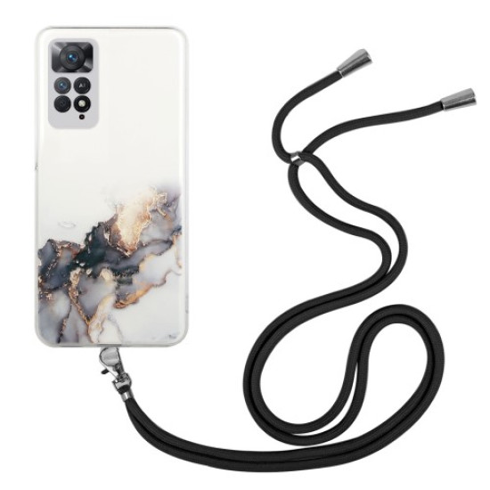 For Xiaomi Redmi Note 11S 4G/Note 11 4G (Qualcomm) Marble Pattern Embossed TPU Case Lanyard Design Anti-drop Phone Cover - Black XIAOMI Cases Mobile