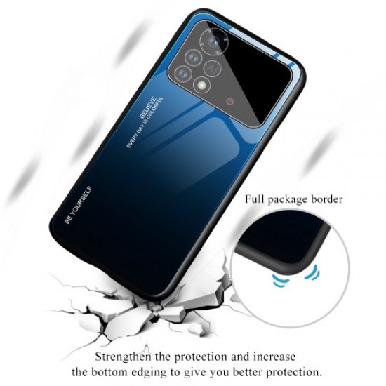 For Xiaomi Poco X4 Pro 5G Shockproof Protective Shell. Gradient Color Tempered Glass Back + Soft TPU Edge Phone Case - Blue/Black XIAOMI Cases Mobile