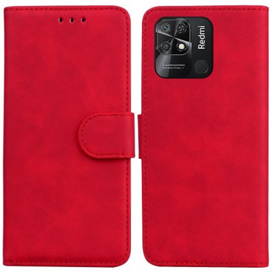 Solid Color Phone Case for Xiaomi Redmi 10C. PU Leather Stand Wallet Cover TPU Inner Phone Shell - Red XIAOMI Cases Mobile