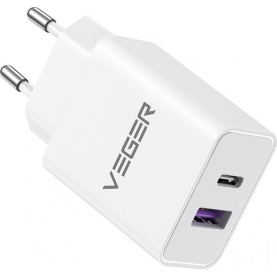 Veger Φορτιστής Τοίχου με Θύρα USB-A και Θύρα USB-C 30W Power Delivery / Quick Charge 3.0 - Λευκό (VLS302U) Καλώδια Αντάπτορες και Φορτιστές