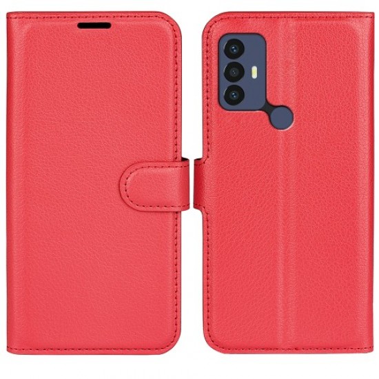 For TCL 30E/TCL 30 SE/TCL 306/TCL 305 PU Leather Folio Book Magnetic Cover Stand Feature Protective Litchi Texture Wallet Case - Red TCL Mobile Cases