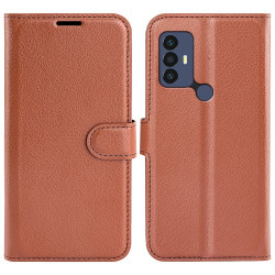 For TCL 30E/TCL 30 SE/TCL 306/TCL 305 PU Leather Folio Book Magnetic Cover Stand Feature Protective Litchi Texture Wallet Case - Brown