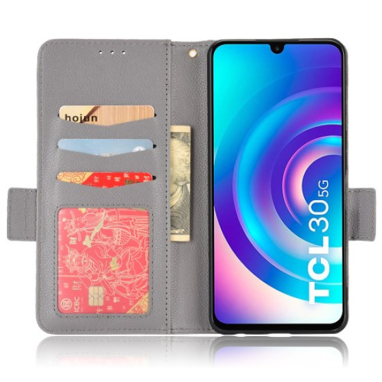 For TCL 30 4G/5G/TCL 30+ Litchi Texture PU Leather Dual Magnetic Clasp Phone Case Stand Wallet Shell - Grey TCL Mobile Cases