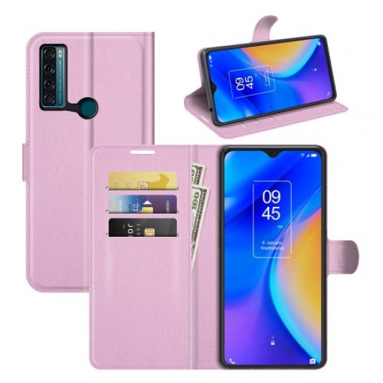 Litchi Texture PU Leather Case Flip Stand Shockproof Phone Cover with Wallet for TCL 20 SE - Pink TCL Mobile Cases