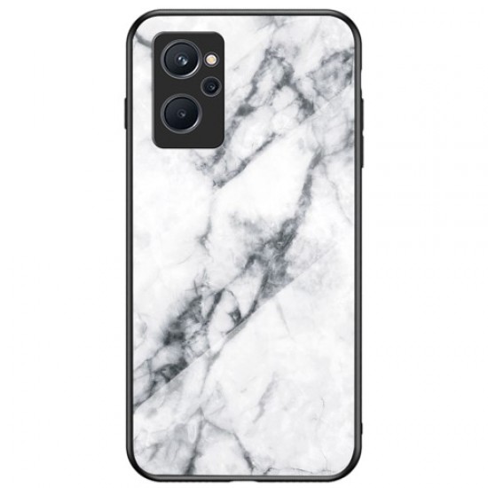 For Realme 9i Tempered Glass + PC Back Cover TPU Bumper Marble Pattern Stylish Cell Phone Case - White Marble Oppo Realme Cases Mobile