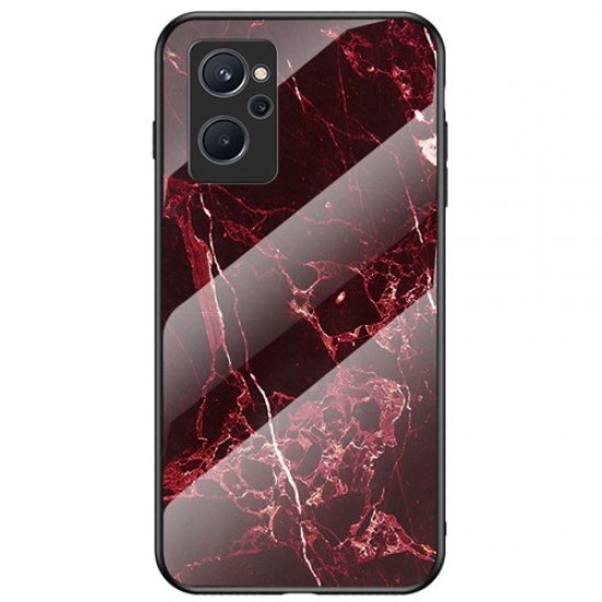 For Realme 9i Tempered Glass + PC Back Cover TPU Bumper Marble Pattern Stylish Cell Phone Case - Blood Red Marble Oppo Realme Cases Mobile