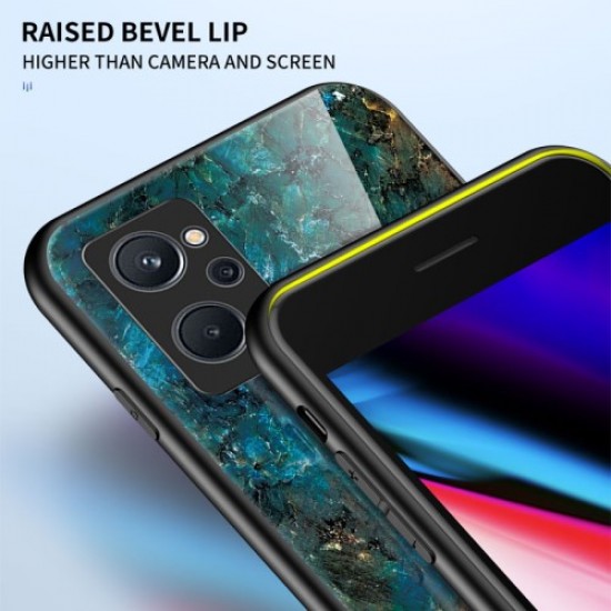 For Realme 9i Tempered Glass + PC Back Cover TPU Bumper Marble Pattern Stylish Cell Phone Case - Blood Red Marble Oppo Realme Cases Mobile