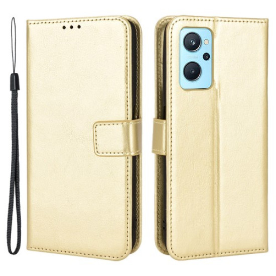 For Realme 9i/Oppo A36 4G/A76 4G Crazy Horse Texture Leather Cover Inner TPU Case Wallet Stand Shell with Wrist Strap - Gold Oppo Realme Cases Mobile