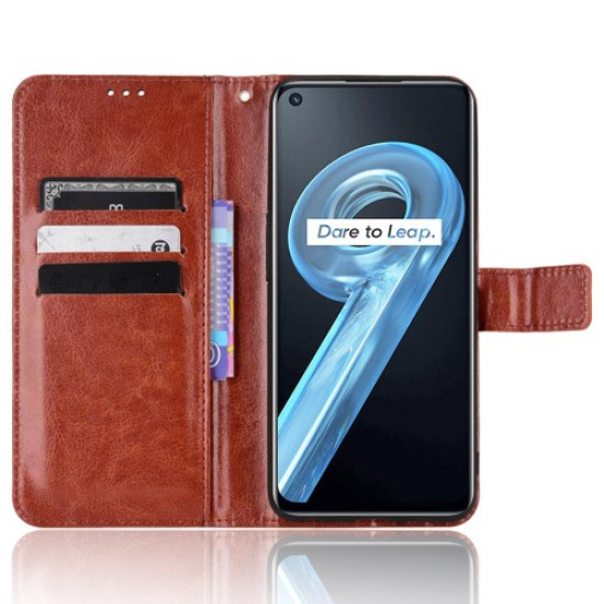 For Realme 9i/Oppo A36 4G/A76 4G Crazy Horse Texture Leather Cover Inner TPU Case Wallet Stand Shell with Wrist Strap - Brown Oppo Realme Cases Mobile