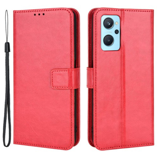 For Realme 9i/Oppo A36 4G/A76 4G Crazy Horse Texture Leather Cover Inner TPU Case Wallet Stand Shell with Wrist Strap - Red Oppo Realme Cases Mobile