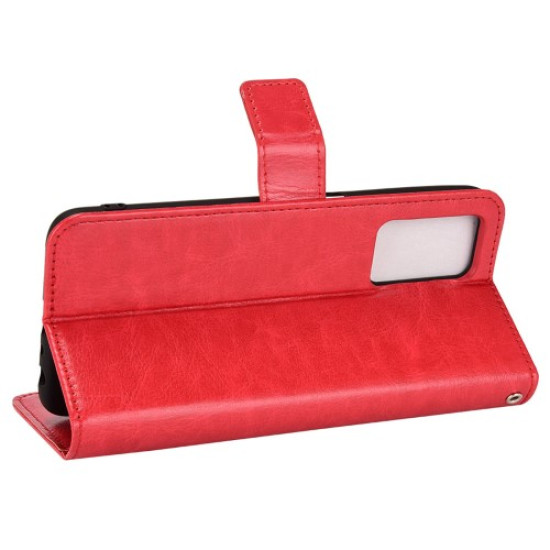 For Realme 9i/Oppo A36 4G/A76 4G Crazy Horse Texture Leather Cover Inner TPU Case Wallet Stand Shell with Wrist Strap - Red Oppo Realme Cases Mobile