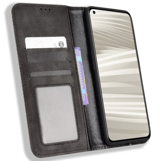 For Realme GT2 Pro Imprinted Mosaic Pattern PU Leather Case Stand Function Wallet Magnetic Absorption Shockproof Protective Phone Cover - Black Oppo Realme Cases Mobile