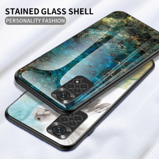 For Xiaomi Redmi Note 11 4G (Qualcomm) /Note 11S 4G Marble Pattern Shockproof Phone Case Tempered Glass + PC Back TPU Frame Shell - Blood Red Marble XIAOMI Cases Mobile