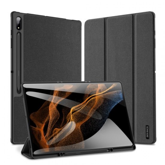 DUX DUCIS DOMO Series Trifold Stand Cover for Samsung Galaxy Tab S8 Ultra. Auto Sleep/Wake PU Leather Anti-scratch Case with Pencil Holder - Black Samsung Cases Mobile Tablet