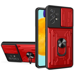 Kickstand Camera Cover Slide Anti-Scratch Protective Hard PC Soft TPU Case with Card Holder Slot for Samsung Galaxy A53 5G - Red