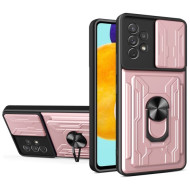Kickstand Camera Cover Slide Anti-Scratch Protective Hard PC Soft TPU Case with Card Holder Slot for Samsung Galaxy A53 5G - Rose Gold