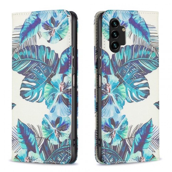 Magnetic Auto-absorbed Folio Flip Cover for Samsung Galaxy A13 4G. Pattern Printing PU Leather Wallet Stand Folding Phone Case - Blue Leaves Samsung Cases Mobile