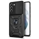 Camera Push Window Phone Case Cover with Ring Holder Kickstand for Samsung Galaxy S21 FE - Black Samsung Cases Mobile