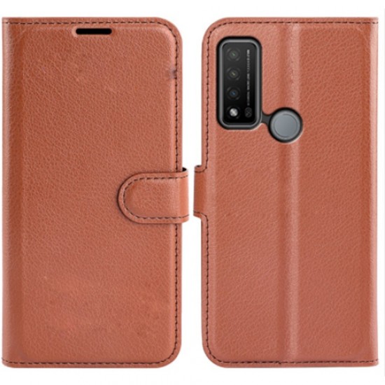 Litchi Texture Full Body Protection PU Leather Case Stand Wallet Phone Shell Cover for TCL 20R 5G - Brown TCL Mobile Cases