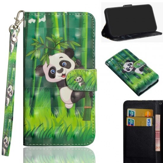 Light Spot Decor Pattern Printing Wallet PU Leather Phone Case with Strap for Realme C11 - Bamboo and Panda Oppo Realme Cases Mobile