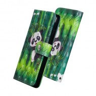 Light Spot Decor Pattern Printing Wallet PU Leather Phone Case with Strap for Realme C11 - Bamboo and Panda