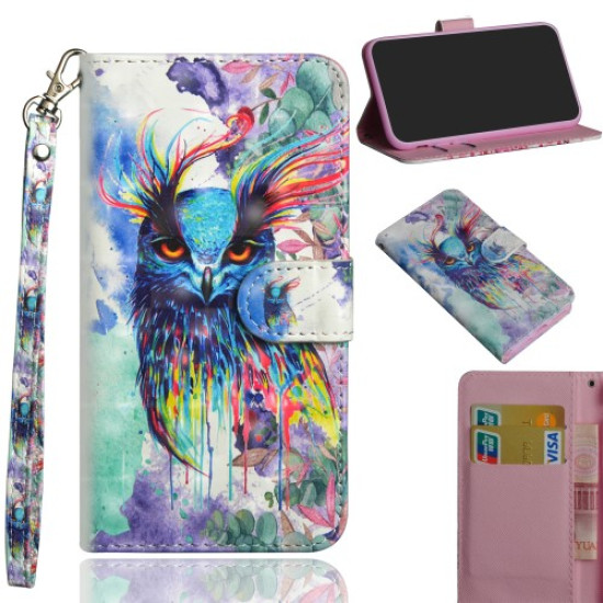 Light Spot Decor Pattern Printing Wallet PU Leather Phone Case with Strap for Realme C11 - Colorful Owl Oppo Realme Cases Mobile