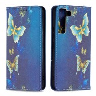 Magnetic Auto-absorbed Pattern Printing Leather Case Wallet Stand Phone Flip Cover for Samsung Galaxy S22 5G - Golden Butterflies