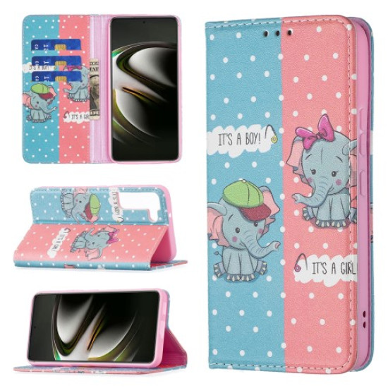 Magnetic Auto-absorbed Pattern Printing Leather Case Wallet Stand Phone Flip Cover for Samsung Galaxy S22 5G - Two Elephants Samsung Cases Mobile