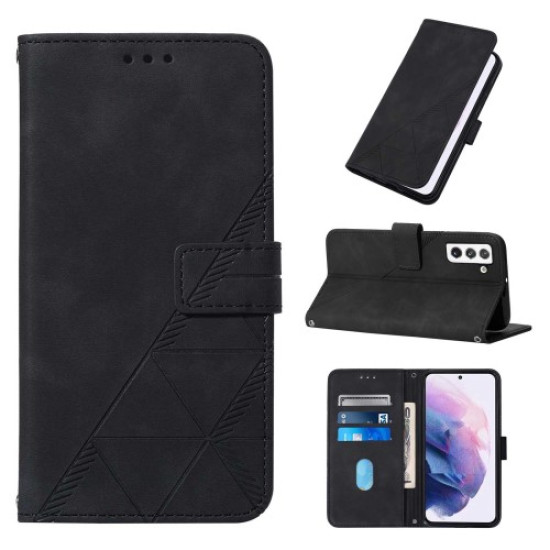 Lines Imprinted PU Leather Magnetic Wallet Case Soft Inner Shell Flip Stand Cover with Strap for Samsung Galaxy S22 5G - Black Samsung Cases Mobile
