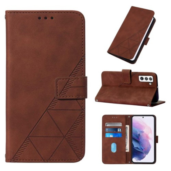 Lines Imprinted PU Leather Magnetic Wallet Case Soft Inner Shell Flip Stand Cover with Strap for Samsung Galaxy S22 5G - Brown Samsung Cases Mobile