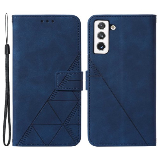 Lines Imprinted PU Leather Magnetic Wallet Case Soft Inner Shell Flip Stand Cover with Strap for Samsung Galaxy S22 5G - Sapphire Samsung Cases Mobile