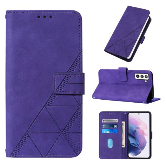 Lines Imprinted PU Leather Magnetic Wallet Case Soft Inner Shell Flip Stand Cover with Strap for Samsung Galaxy S22 5G - Purple Samsung Cases Mobile