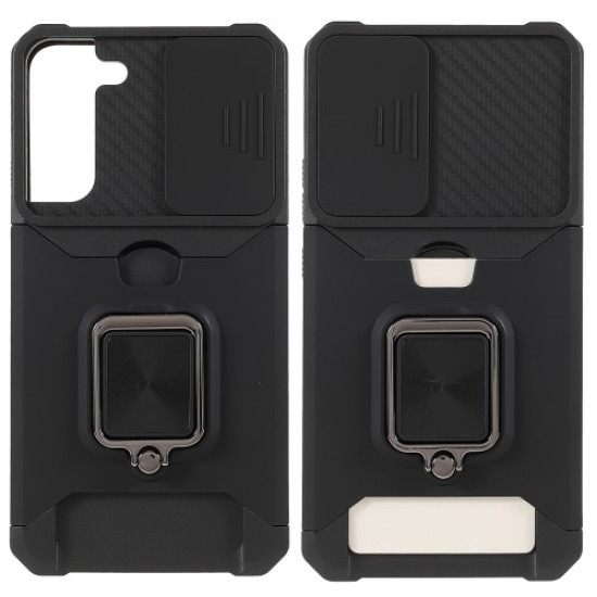 PC + TPU Phone Case 2-in-1 Design Card Holder and Camera Slider with Built-in Magnetic Metal Plate + Kickstand for Samsung Galaxy S22+ 5G - Black Samsung Cases Mobile
