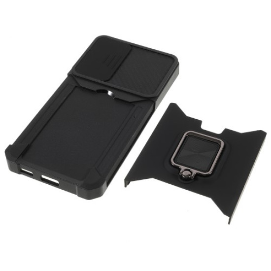 PC + TPU Phone Case 2-in-1 Design Card Holder and Camera Slider with Built-in Magnetic Metal Plate + Kickstand for Samsung Galaxy S22+ 5G - Black Samsung Cases Mobile