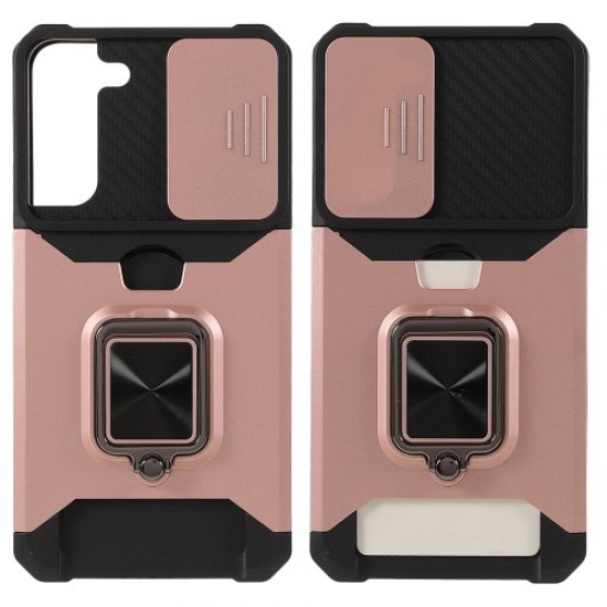 PC + TPU Phone Case 2-in-1 Design Card Holder and Camera Slider with Built-in Magnetic Metal Plate + Kickstand for Samsung Galaxy S22+ 5G - Rose Gold Samsung Cases Mobile