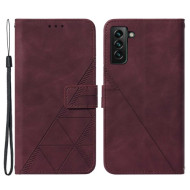 PU Leather Wallet Case Stand Lines Imprinted Flip Protective Cover with Strap for Samsung Galaxy S22+ 5G - Wine Red