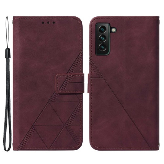 PU Leather Wallet Case Stand Lines Imprinted Flip Protective Cover with Strap for Samsung Galaxy S22+ 5G - Wine Red Samsung Cases Mobile