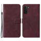 PU Leather Wallet Case Stand Lines Imprinted Flip Protective Cover with Strap for Samsung Galaxy S22+ 5G - Wine Red Samsung Cases Mobile