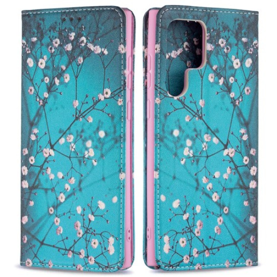 Pattern Printing PU Leather Magnetic Adsorption Case Stand Feature Flip Folio Wallet Phone Cover for Samsung Galaxy S22 Ultra 5G - Plum Blossom Samsung Cases Mobile