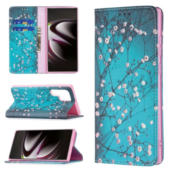 Pattern Printing PU Leather Magnetic Adsorption Case Stand Feature Flip Folio Wallet Phone Cover for Samsung Galaxy S22 Ultra 5G - Plum Blossom Samsung Cases Mobile