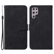 Anti-scratch PU Leather Wallet Case Stand Lines Imprinted Flip Protective Cover with Strap for Samsung Galaxy S22 Ultra 5G - Black