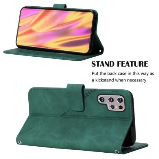 Anti-scratch PU Leather Wallet Case Stand Lines Imprinted Flip Protective Cover with Strap for Samsung Galaxy S22 Ultra 5G - Blackish Green Samsung Cases Mobile