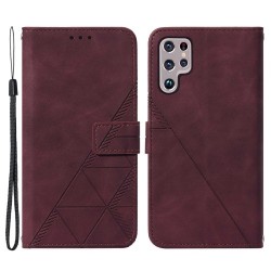 Θήκη Πορτοφόλι με Βάση Στήριξης (Όψη Δέρματος) με Ανάγλυφες Γραμμές για Samsung Galaxy S22 Ultra 5G - Σκούρο Κόκκινο