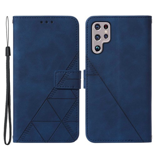 Anti-scratch PU Leather Wallet Case Stand Lines Imprinted Flip Protective Cover with Strap for Samsung Galaxy S22 Ultra 5G - Sapphire Samsung Cases Mobile
