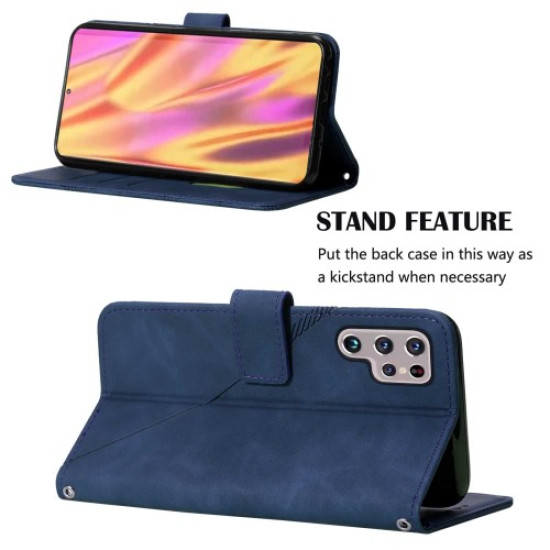 Anti-scratch PU Leather Wallet Case Stand Lines Imprinted Flip Protective Cover with Strap for Samsung Galaxy S22 Ultra 5G - Sapphire Samsung Cases Mobile