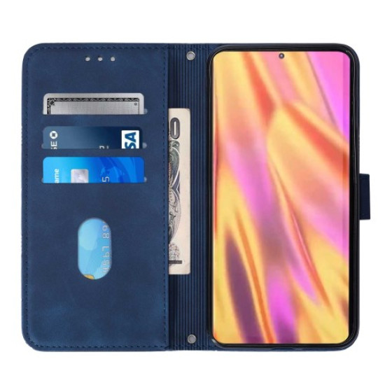Anti-scratch PU Leather Wallet Case Stand Lines Imprinted Flip Protective Cover with Strap for Samsung Galaxy S22 Ultra 5G - Sapphire Samsung Cases Mobile