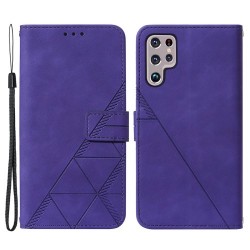 Θήκη Πορτοφόλι με Βάση Στήριξης (Όψη Δέρματος) με Ανάγλυφες Γραμμές για Samsung Galaxy S22 Ultra 5G - Μωβ