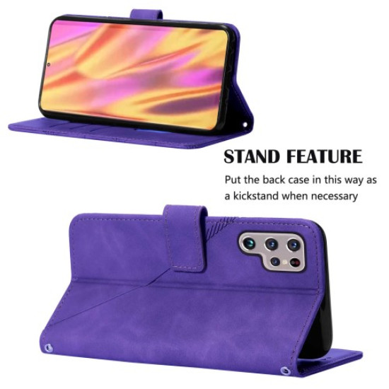 Anti-scratch PU Leather Wallet Case Stand Lines Imprinted Flip Protective Cover with Strap for Samsung Galaxy S22 Ultra 5G - Purple Samsung Cases Mobile