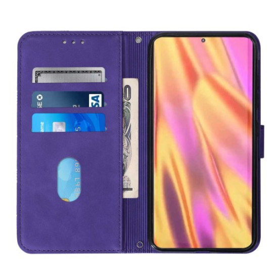 Anti-scratch PU Leather Wallet Case Stand Lines Imprinted Flip Protective Cover with Strap for Samsung Galaxy S22 Ultra 5G - Purple Samsung Cases Mobile