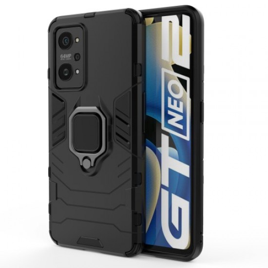 Drop Proof Dual Layer Soft TPU + Hard PC Phone Cover with Ring Holder Kickstand for Realme GT Neo2 5G - Black Oppo Realme Cases Mobile